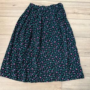 Vintage Black Corduroy Skirt with Pink, Green, and Blue Floral Print